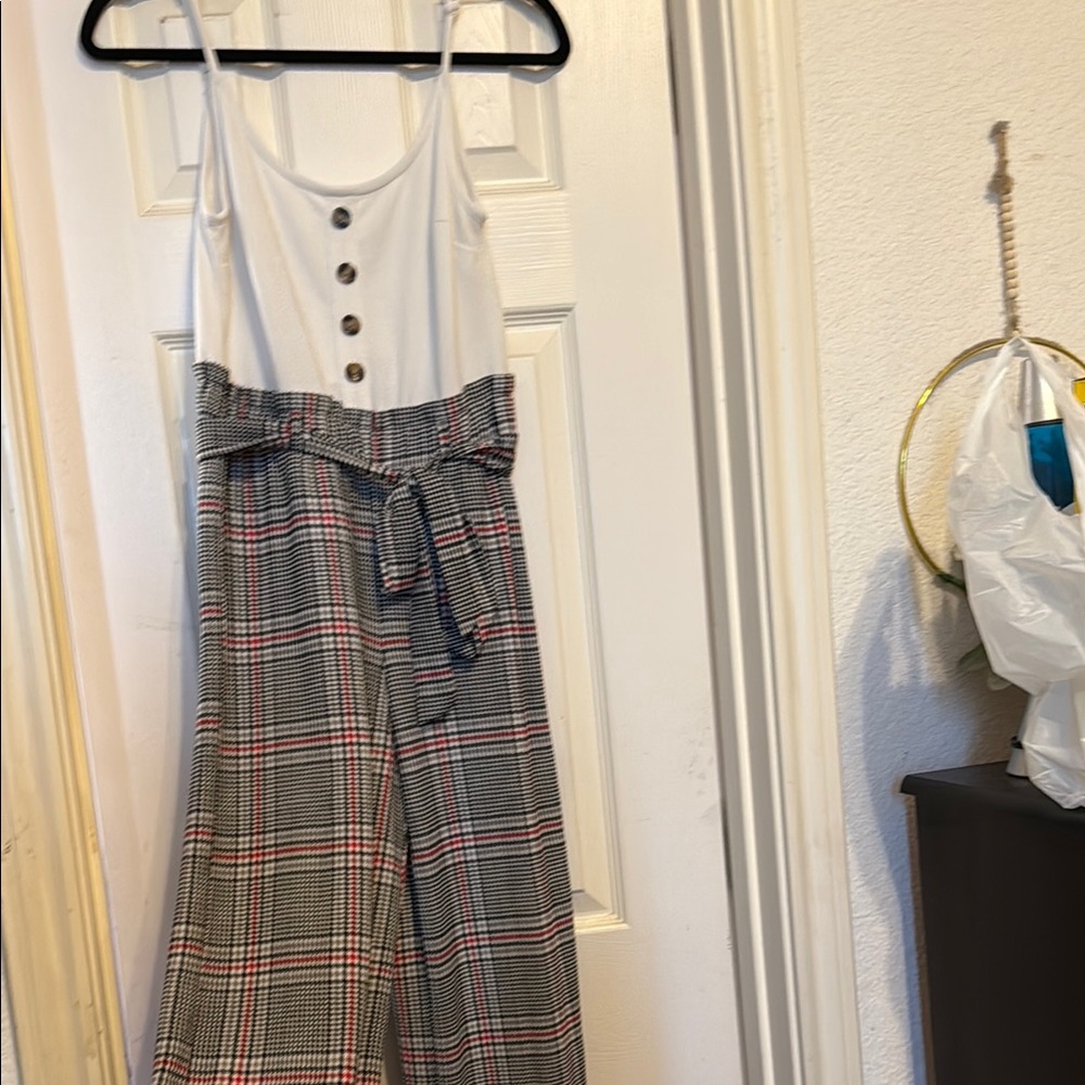 No Boundaries White and Plaid Jumpsuit